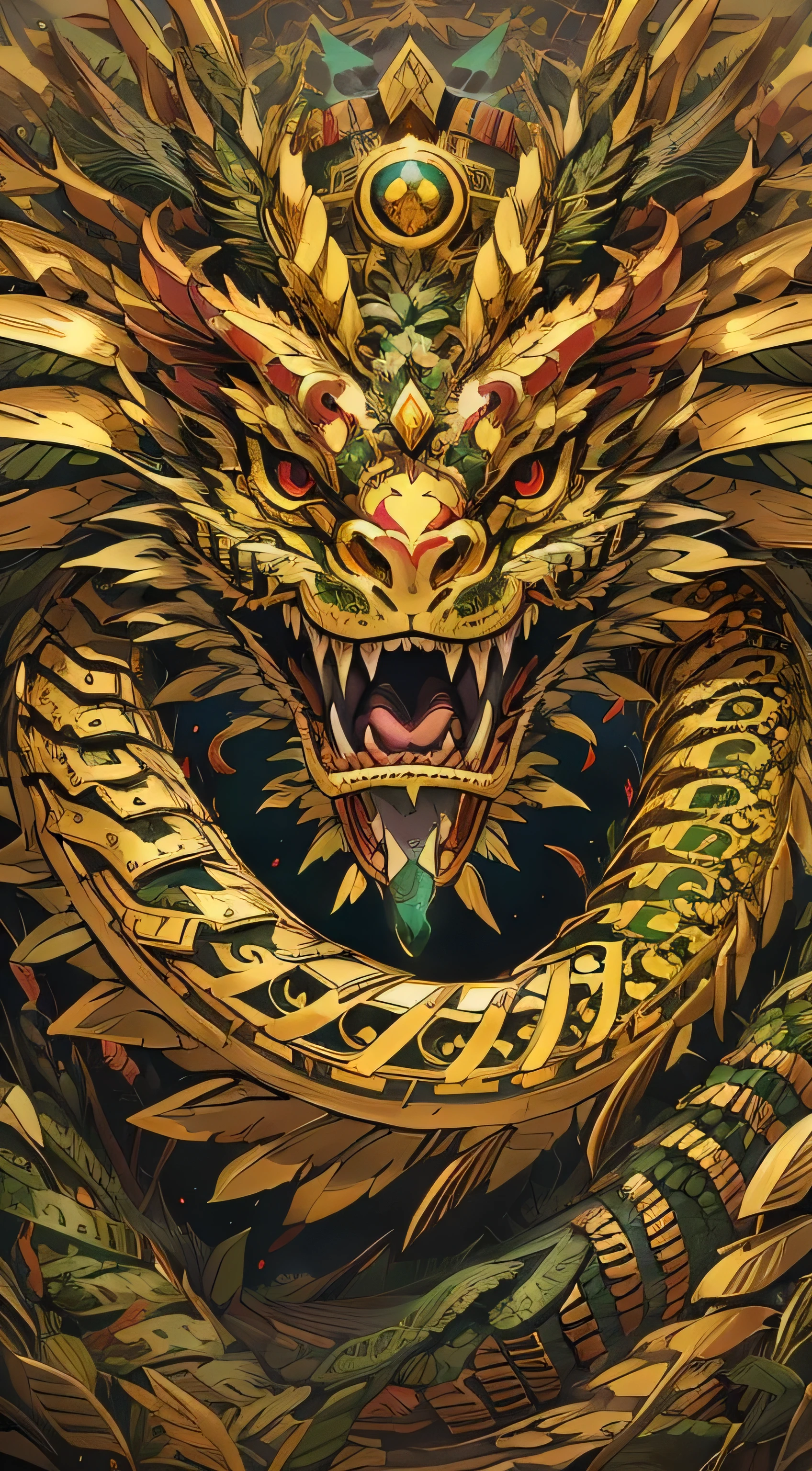 Masterpiece, best quality, {best quality}, {{masterpiece}}, {highres}, anime, attractive, exotic, Quetzalcoatl, Kukulkan, Serpent God, feathered serpent, flying plumes, plumage, Aztec, golden, gold, thunder, thunder, claws, sharp teeth, serious, destruction