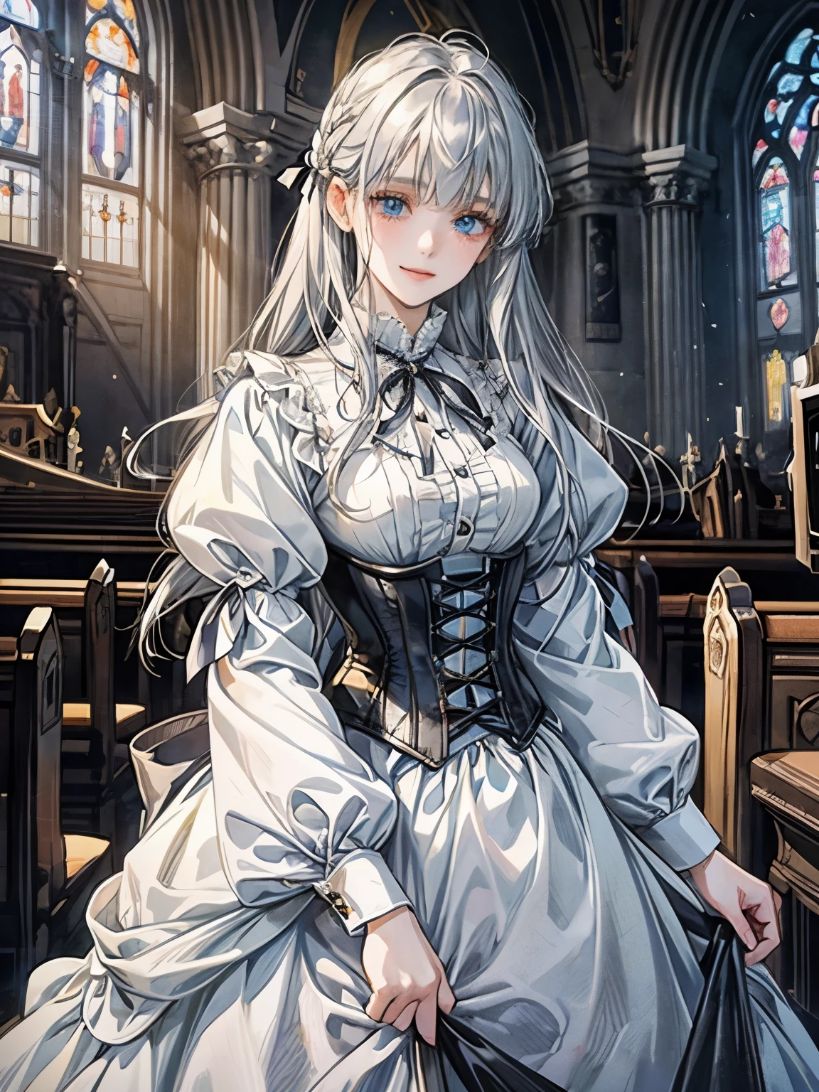 1 girl、blouse、corset、detailed face、long hair with gray hair、light blue eyes、round eyes、hair arrange、Attach a ribbon、Smiling Girl、drooping eyes、droopy eyes、************、church、Patsun bangs、Highest image quality、simple clothes