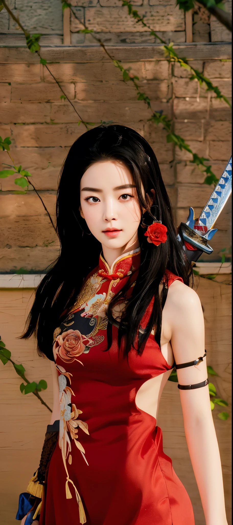 Real life adaption of this character, teen Korean beauty face, wear realistic same chinese outfit, there is same sword on the back, there is a rose on her lips,realistic background,realistic light, realistic shadow, realism, hyper realistic,(photorealistic 1:2)