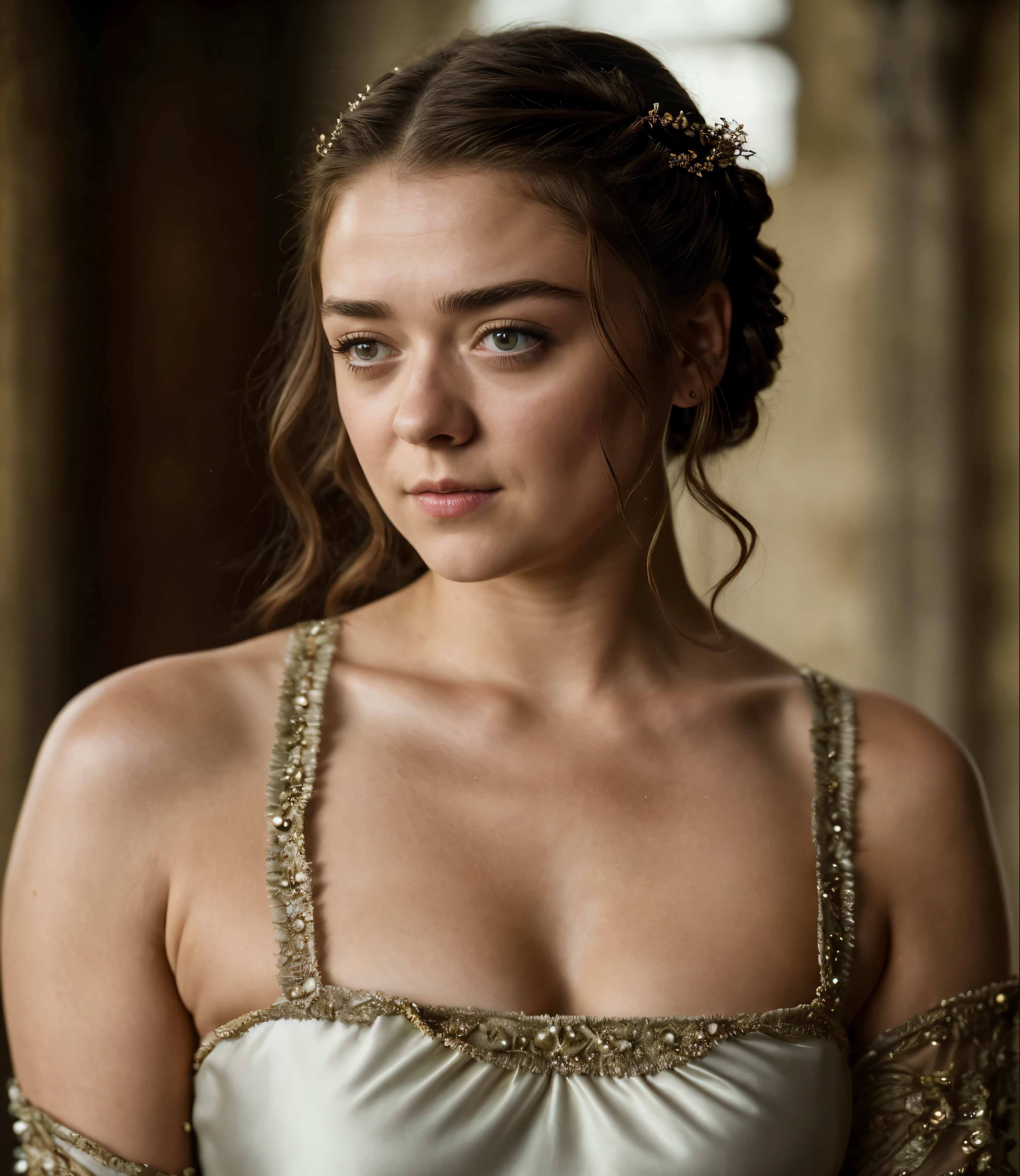 Foto RAW, Arya Stark, Extremely gorgeous lady, Arya Stark PLAYED BY MAISIE WILLIAMS, Queen Arya Stark, she a mature woman now, milf, sexy mediaeval battle dress, gladiator woman, body, 40 years old Woman, Roman slave dress, cotton dress, busty mediaeval costumes, body revealing costumes, perky breast, big natural breast, erotic costumes, lusty physique, seductive figure can capture every people's attention, Game of thrones costumes, revealing captivating figure, Mediaeval costumes, revealing clothes, A tomboy, she would rather fence than dance, warrior queen , game of thrones screen caps, Game of Thrones Series, (pele altamente detalhada: 1.2), 8k UHD, DSLR, soft-lighting, alta qualidade, grain of film, Fujifilm XT3, flawless picture, highly detailed, detailed Beauty, intricate, 32k, sharp picture,