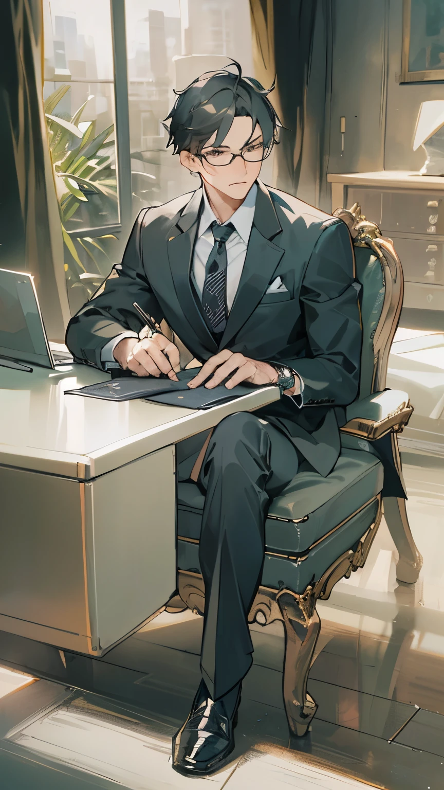 masterpiece, 最high quality, high quality, ultra-detailed、1male、60 years old, snapshot, whole body、male focus, serious look、wearing glasses、short hair、black hair、structured business suit、CEO、Classy tie、Simple watches、sitting in a chair、conference room