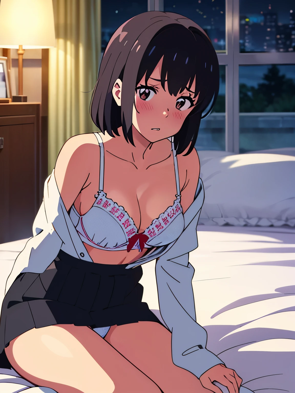 shinkai makoto, kimi no na wa., 1 girl, bangs, black hair, blush, bright eyes, brown eyes, Worried eyes, looking at the viewer, red headband, red ribbon, short hair, White long sleeve shirt, unbuttoned shirt, off shoulder, medium breasts, alone, skirt pulled down, indoors, night, shiny skin, parted lips, beautiful, perfect anatomy, perfect hands, bed, bedroom, Liar, relax, pillow, blanket, Japanese cushion, thigh, indoor, ~ side, on bed, white bra, white panties