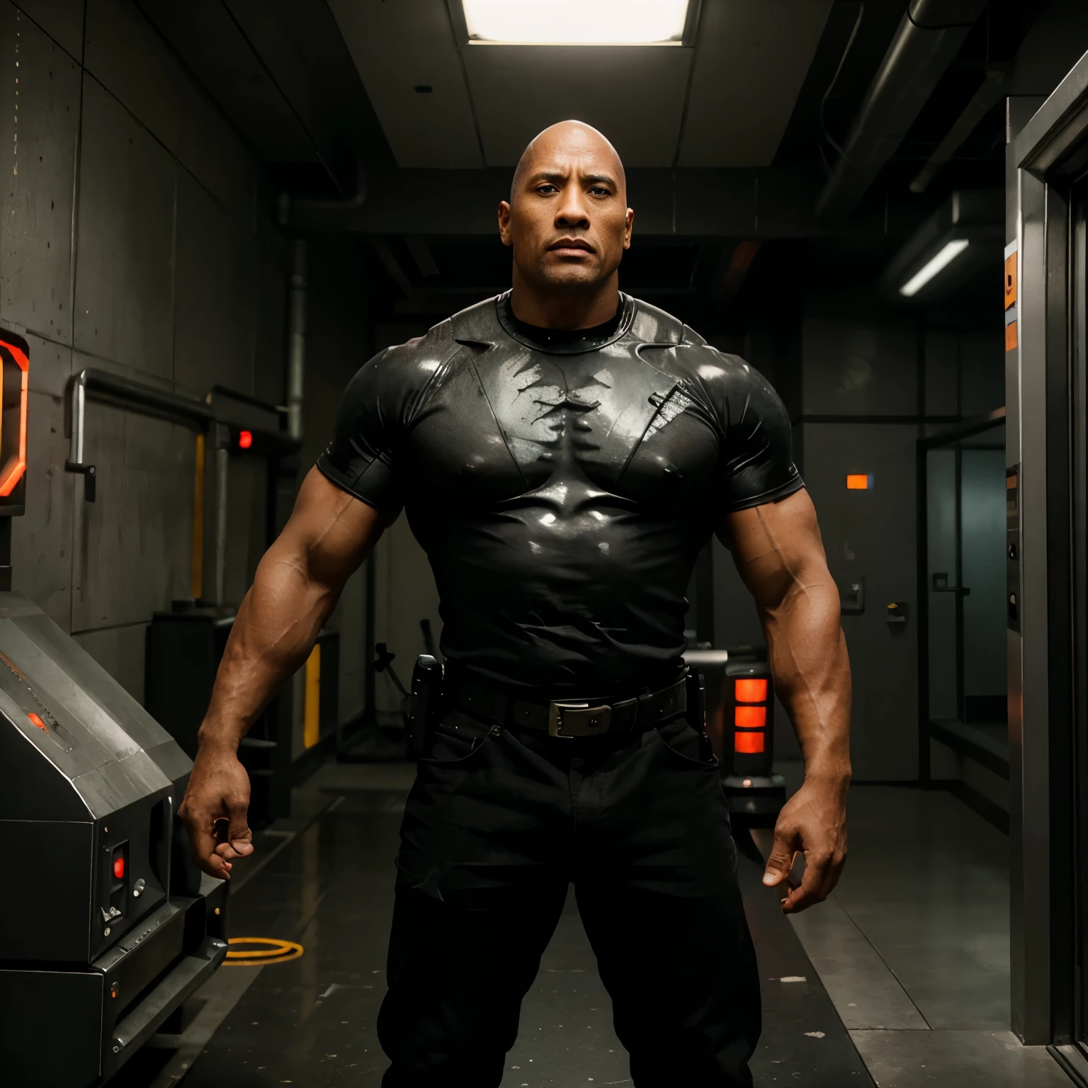 masterpiece, best quality, solo, Dwayne Johnson as T 800 in Terminator, half cyborg face, glowing red cyborg eyes, standing, full body, cowboy shot, hands on hips, wearing cyberpunk costume, very muscular, athletic, huge, gray hair, gray, scars, warrior, barbarian, sfw, 55 years old, futuristic dystopia