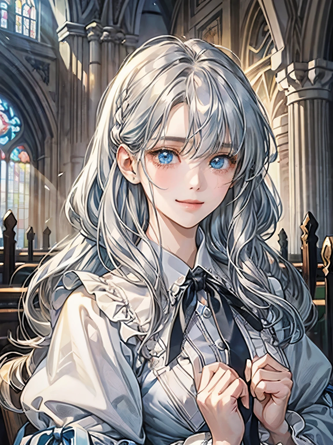 1 girl、blouse、detailed face、long hair with gray hair、light blue eyes、round eyes、hair arrange、tie a ribbon on the chest、Smiling Girl、drooping eyes、droopy eyes、************、church、Patsun bangs、Highest image quality、simple clothes、pray