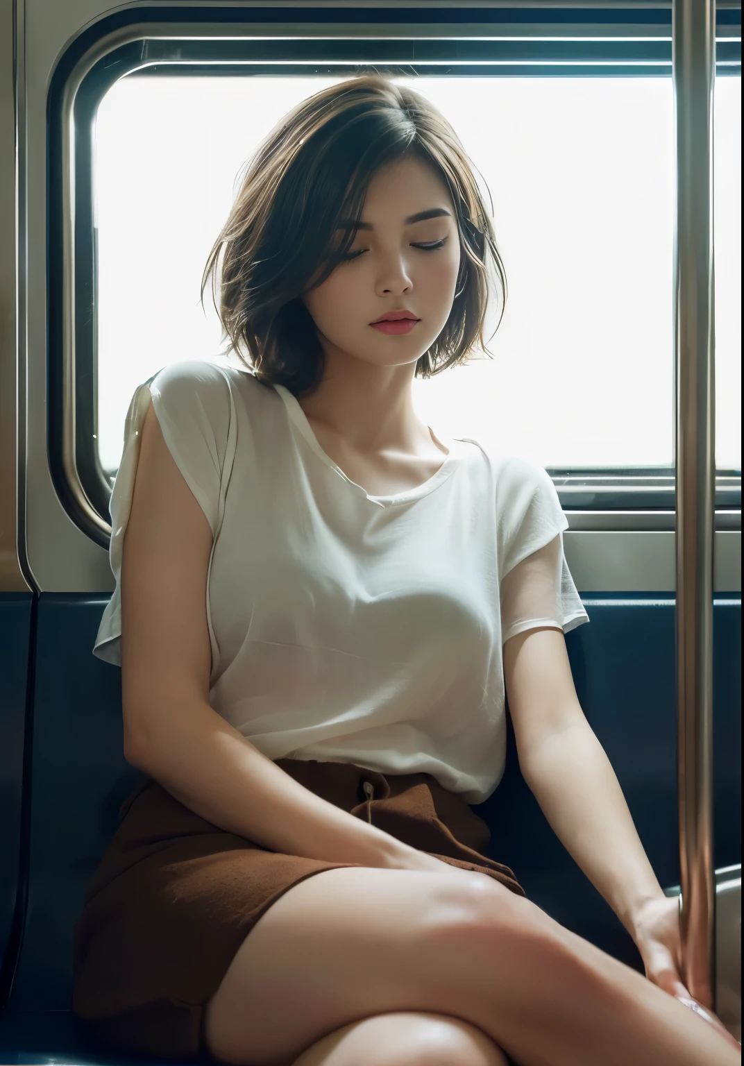((realistic lighting、highest quality、8K、masterpiece:1.3))、clear focus:1.2、1 girl、perfect beauty,((dark brown hair、short hair,narrow side、highly detailed face、fair skin,sleep,sleep on the train, woman very tired, Sleeping,from the front,I'm sitting with my legs slightly apart,stylish fashion,Beauty