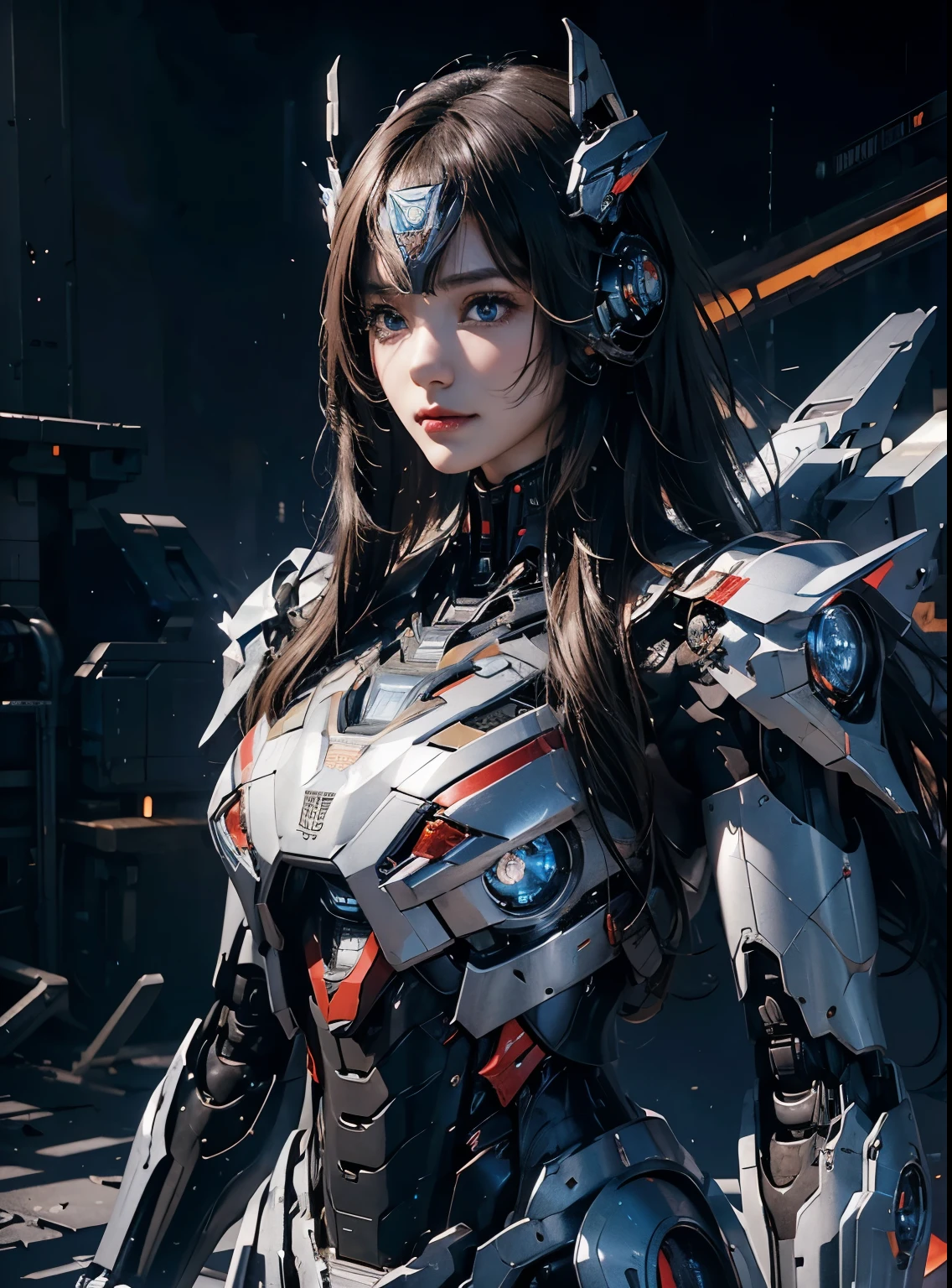 rough skin, Super detailed, advanced details, high quality, better quality, High resolution, 1080P, hard disk, beautiful,(Iron Patriot),beautifulサイボーグの女性,Mecha cyborg ,battle mode, With mechanical body,She wears a futuristic Iron Patriot mech,full body shot