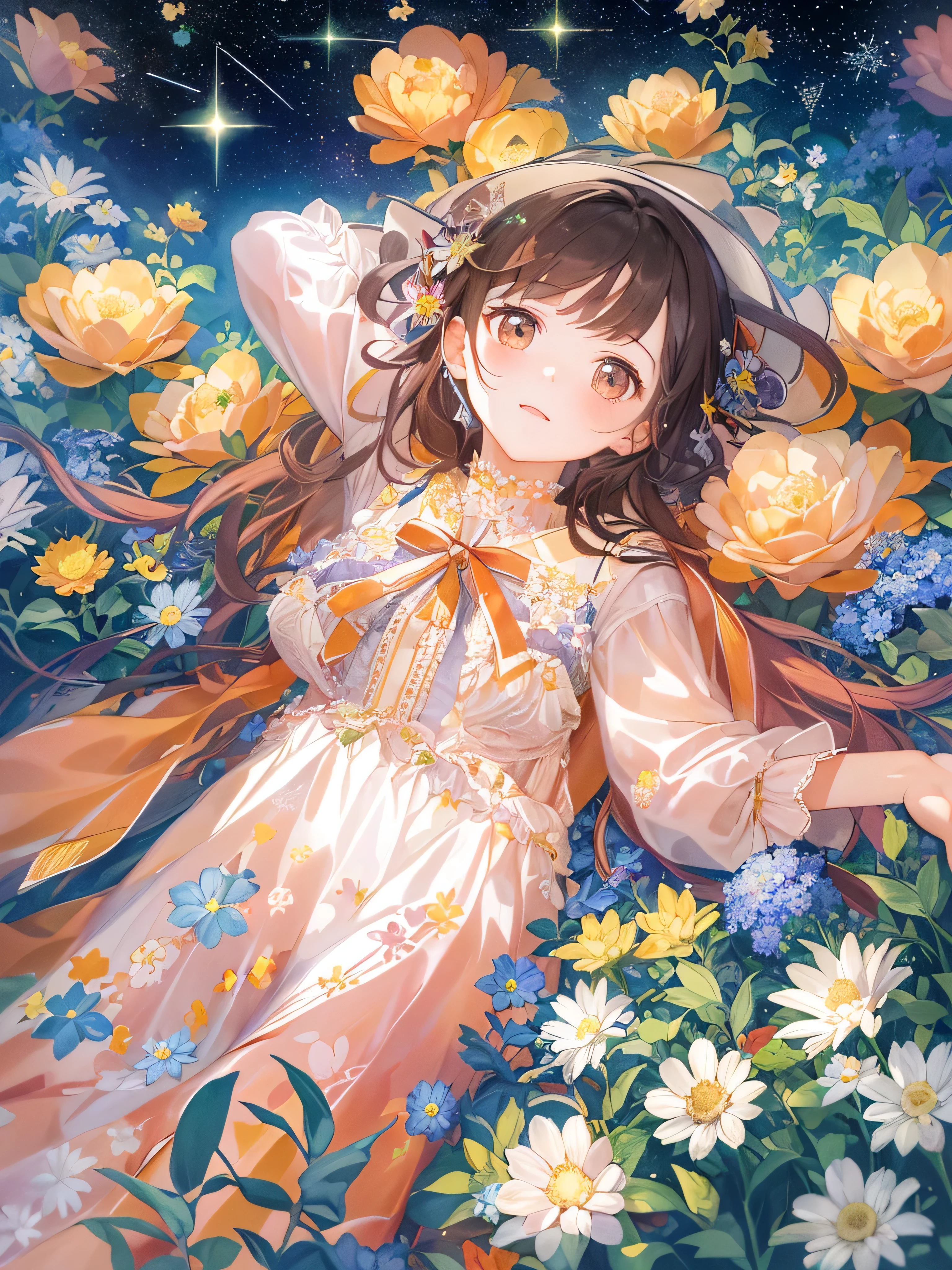 
((((masterpiece, highest quality, High resolution)))), 
A cute girl in a summer dress is lying on a hill full of flowers、
 Looking up at the starry sky、 Surround her with colorful nebulae and her favorite constellations