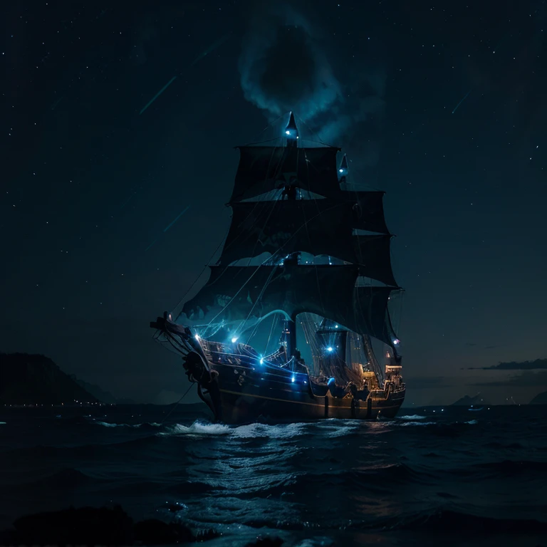 (Pirate ship sailing into a bioluminescence sea with a galaxy in the sky), epic, 4k, ultra,