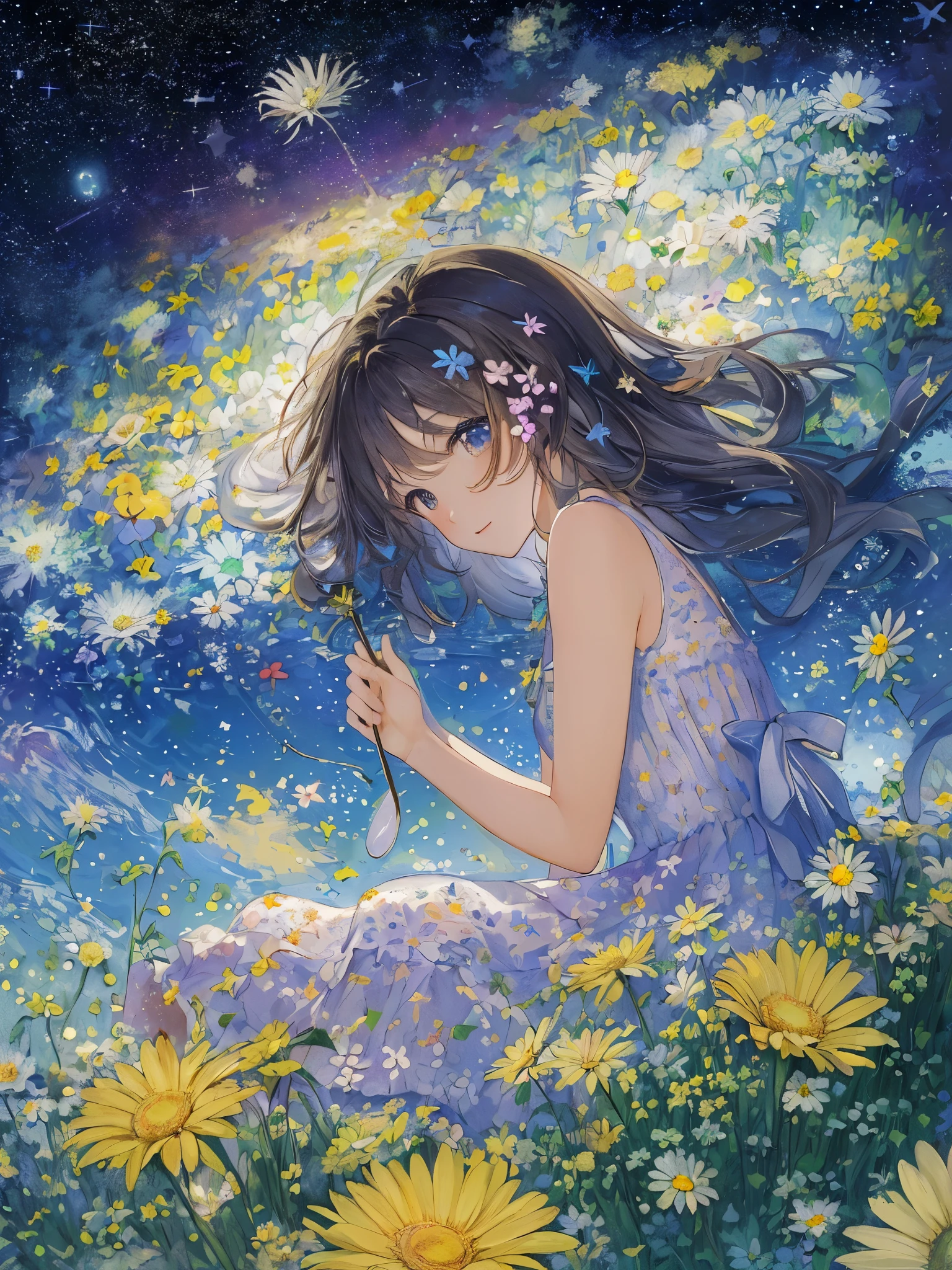 ((((masterpiece, highest quality, High resolution)))),
A cute girl wrapped in a summer dress is lying on a hill full of flowers、
Looking up at the starry sky、 Surround her with colorful nebulae and her favorite constellations