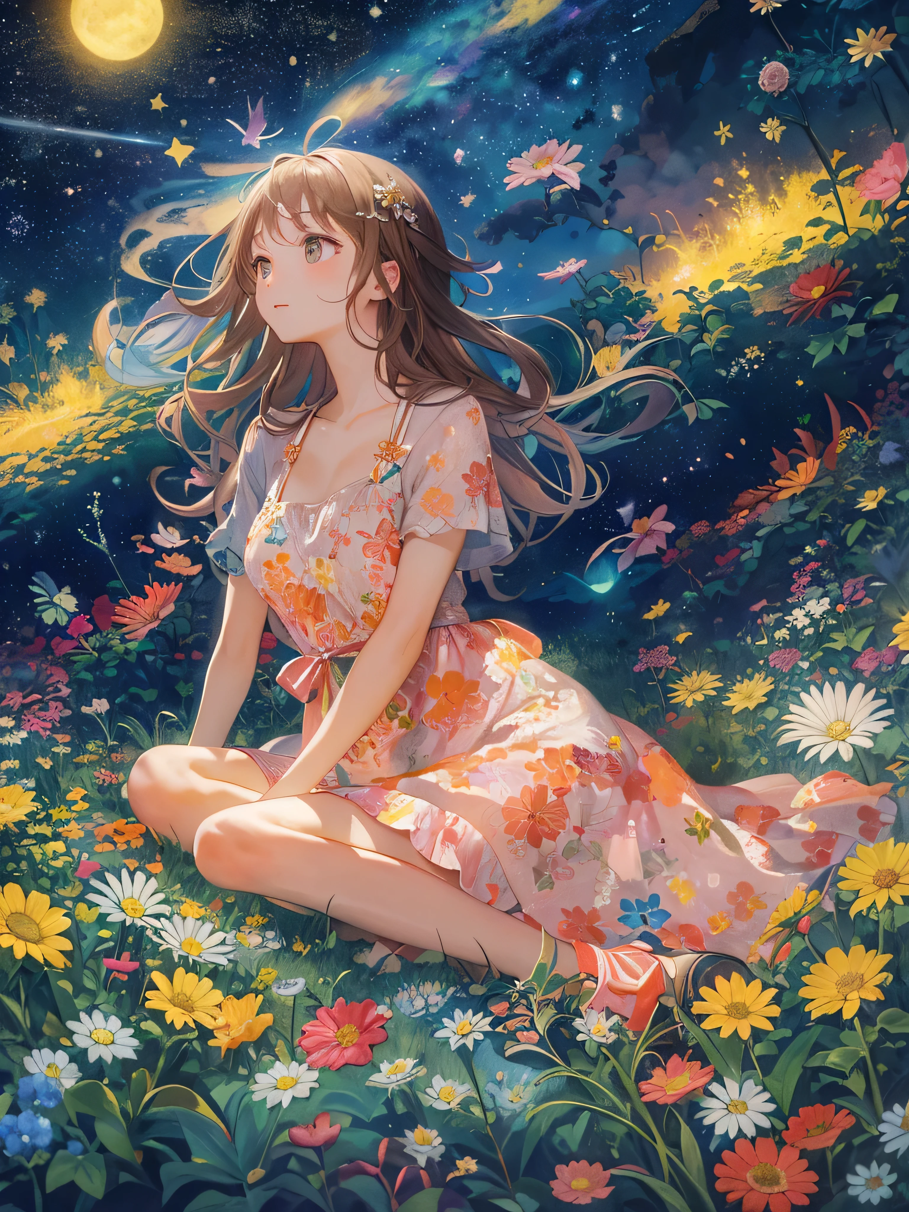 A woman sitting in a field of flowers under a full moon - SeaArt AI