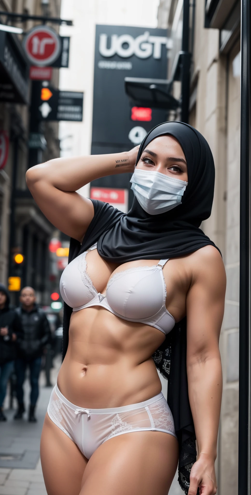 18 years old Hijab Female Bodybuilder naked at Street Of London, "chubby Smile", ("Western Boots"), Wear a face mask, "White Transparent Lace Bra"