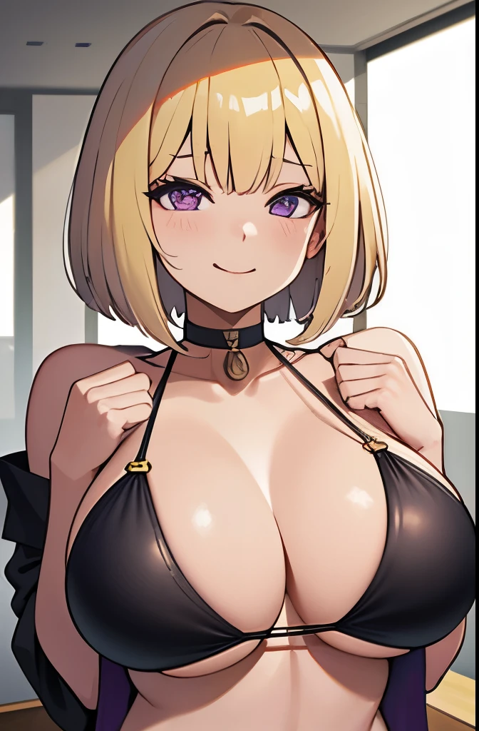 1 girl,blonde hair,bob,bangs,purple eyes,全naked,naked,big breasts,big breasts,nipple,Erotic,nsfw,smile,Happy,heavy breathing,Put your hands on your face,choker,whole body,black bikini
