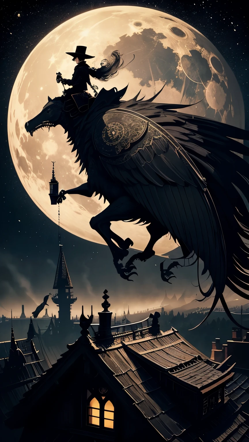 steampunkai。masterpiece。highest quality。detailed details。witch in steampunk style。Silhouette of a man flying over the forest on a broomstick。The background is a pitch-black night sky and a huge moon.。