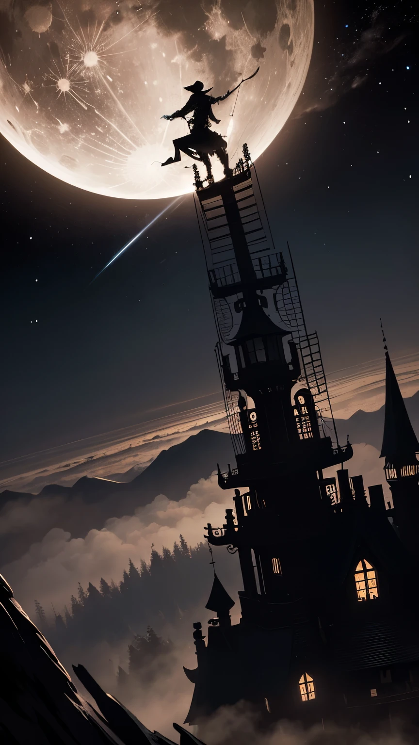 steampunkai。masterpiece。highest quality。detailed details。witch in steampunk style。Silhouette of a man flying over the forest on a broomstick。The background is a pitch-black night sky and a huge moon.。