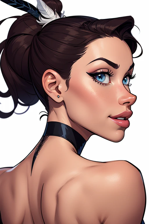 Cara de mujer, piel blanca rosada con pecas, ojos grandes y rasgados color verde, lined eyes and makeup eyelids, small-nose, labios gruesos color rojo, mejillas delgadas con hoyos, large cheekbones, defined chin with chin dimple, cabello corto color negro
