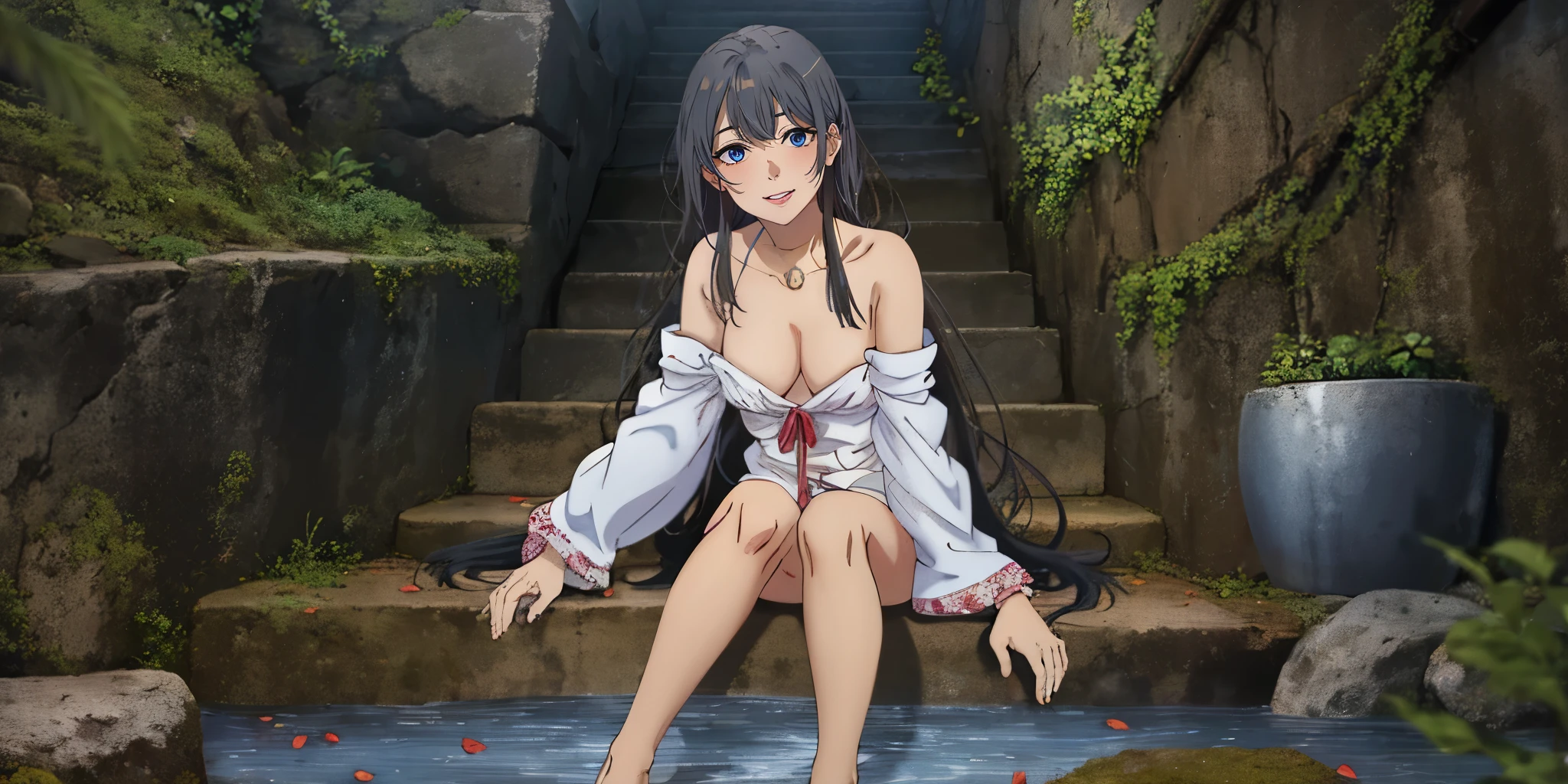 anatomically correct, best quality, masterpiece, high quality, high details, highres, HD, (shaded face:1.2), hollow eyes, (heterochromia, blue eyes, yellow eyes), looking at viewer, smirk, upper teeth, ((anatomically correct:1.4)), KirukiruAmou, (black hair, long hair, grey eyes), hair ornament, breasts, jewelry, 1girl, black_hair, long_hair, solo, anklet, sitting, cleavage, detached_sleeves, barefoot, bare_shoulders, bracelet, water, large_breasts, looking_at_viewer, smile, dress, hair_ornament, magic, fire, flower, very_long_hair, full_body, mole, wide_sleeves, bangs, feet, medium_breasts, thighs, petals, crossed_legs