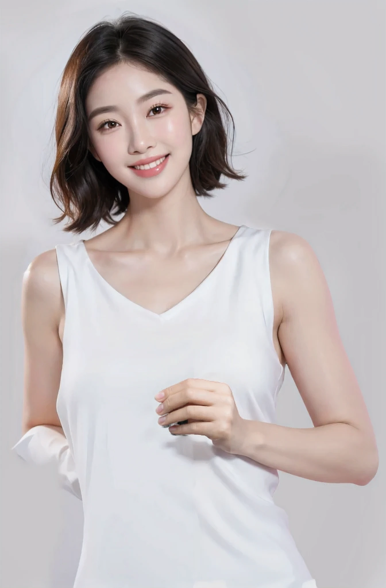 （Actually， high resolution：1.3, masterpiece, 8 thousand, best quality, ultra detail ）,
Korean woman, very beautiful face, (photo realistic:1.4), studio shoot,pictorial,photography,Realistic eyes, very detailed face, detailed lips, normal hand, shiny lips, Glossy face, simple background