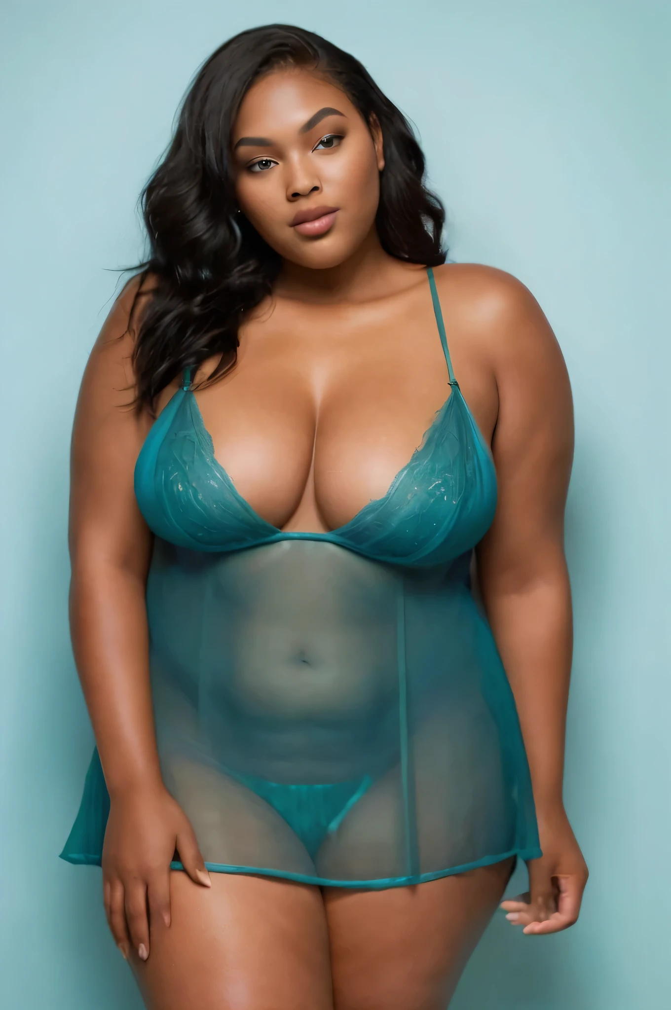 Posing in a green see-through transparent spaghetti strip blue nightie. The plus-size ebony model should exude self-assurance and beauty, showcasing the allure of the lingerie. Emphasize tasteful and flattering lighting to highlight the model's curves and the delicate details of the nightie. The background should complement the mood, perhaps a subtle and sophisticated setting that enhances the overall ambiance. Aim for a composition that celebrates body positivity, embracing the uniqueness and beauty of the plus-size form in a tasteful and empowering manner."