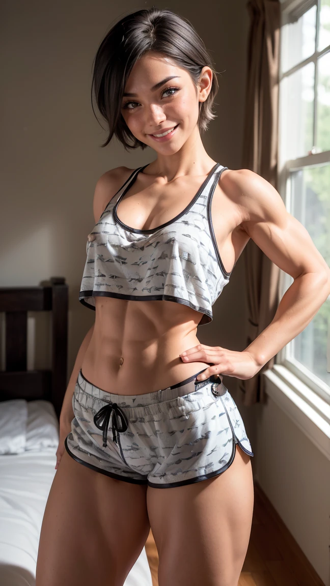(Muscular:2.1), (large round breasts:1.2), (large muscular chest and shoulders:1.5), (wide broad shoulders, wide frame:1.7), FEMALE, brown hair, long brown hair, (big smile:1.6), (wearing a tight blue short sleeve Polo shirt and skirt:1.5), looking at viewer, (three quarter view:1.2), upper body view, (bedroom:1.5), dark lighting, detailed skin, detailed eyes, (dark skin:1.2), (huge round muscles:1.6), (sitting:1.5),