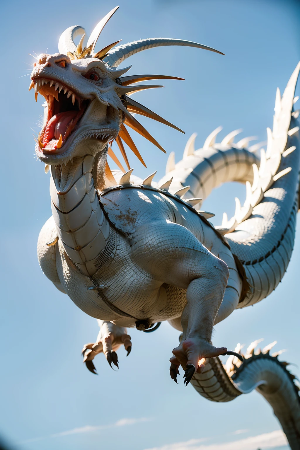Super handsome Chinese dragon,clear picture,blue sky,White Chinese dragon,flying chinese dragon,masterpiece,detailed,best quality