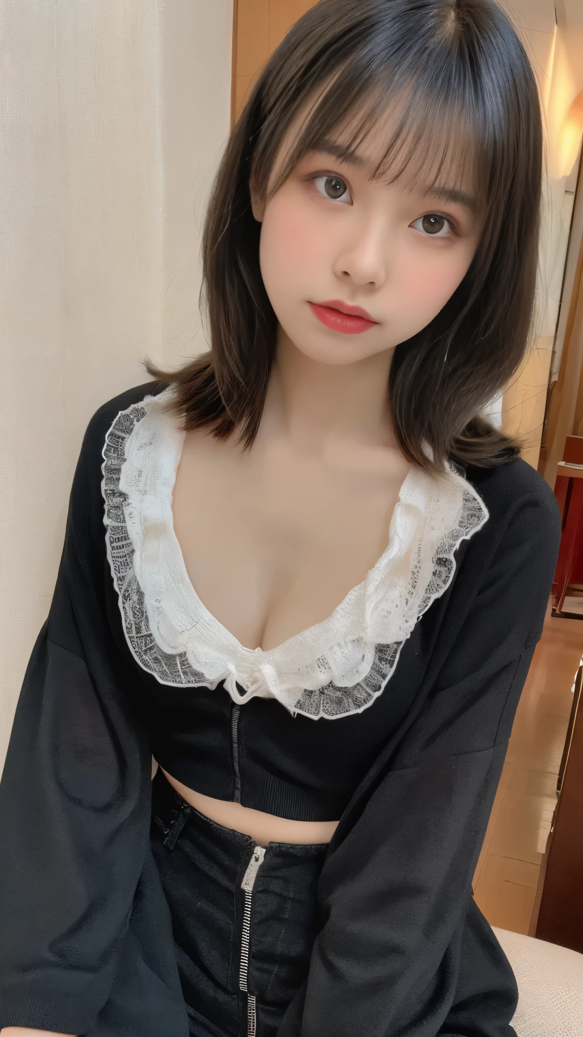 table top, highest quality, figure, super detailed, finely, High resolution, 8k wallpaper, 完璧なダイナミックな構figure, beautiful and fine eyes, woman&#39;s fashion fluffy winter clothes,Wearing sunglasses，medium hair,small breasts natural color lip, bold sexy pose、20 year old girl、cute、sexy shot looking at camera,RAW photo,anatomically correct body,blur the background,perfect and beautiful face,KPOP idol face,Slim face and body、Wearing a black miniskirt，Wearing black high heels，sitting in a chair，