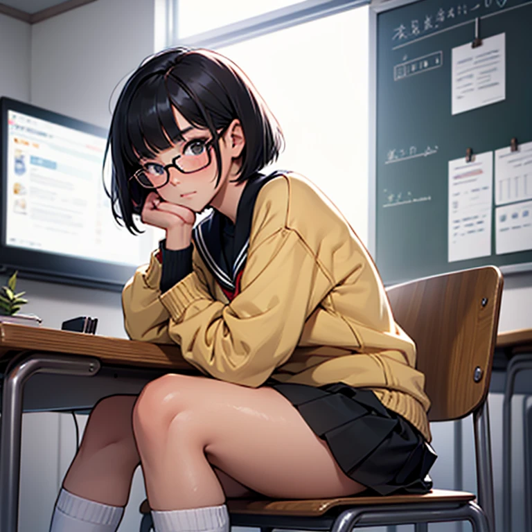Solo, girl, chubby, short black hair, bob cut, straight bangs, glasses, school uniform, shirt, big sweater, black skirt, concentrated, blushing, sitting in full class