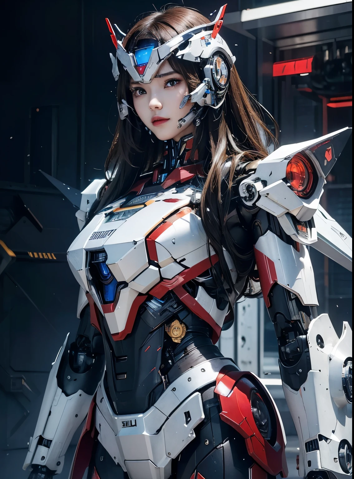 rough skin, Super detailed, advanced details, high quality, better quality, High resolution, 1080P, hard disk, beautiful,(Iron Patriot),beautifulサイボーグの女性,Mecha cyborg ,battle mode, With mechanical body,She wears a futuristic Iron Patriot mech,full body shot