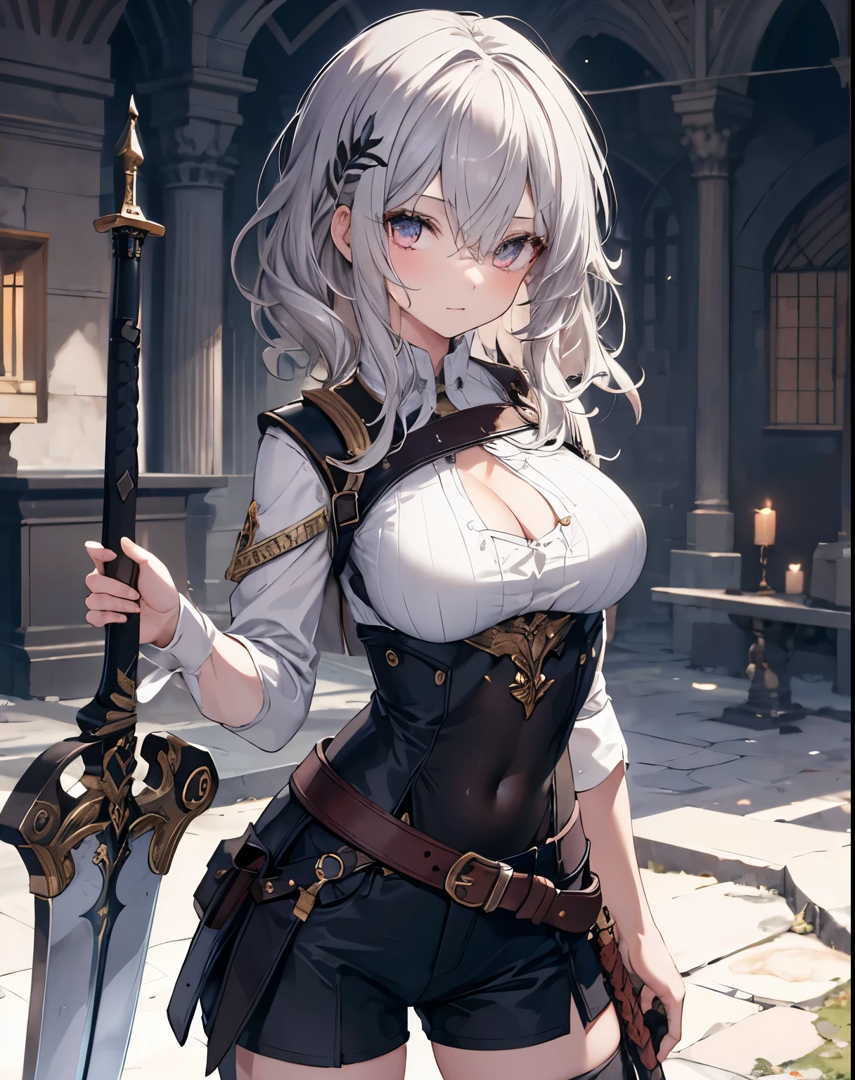 masterpiece,1girl, sparrow, a silver haired girl, wearing a adventurer clothes, curly medium hair, messy hair, black shorts, medieval adventurer clothes, slim body, she have a sword on her hip, medium breasts, she close her left eye, shirt ornament, lolippai, innocent face, beautiful breasts, rounded breasts, crimson eyes, pleated skirt, curious face