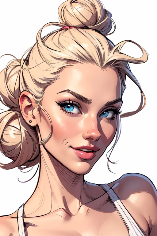(cartoon style:1.2), Drawings of ([beautiful Woman]), Portrait, Messy bun hair, white background, fun posing, Centered, scale to fit the dimensions