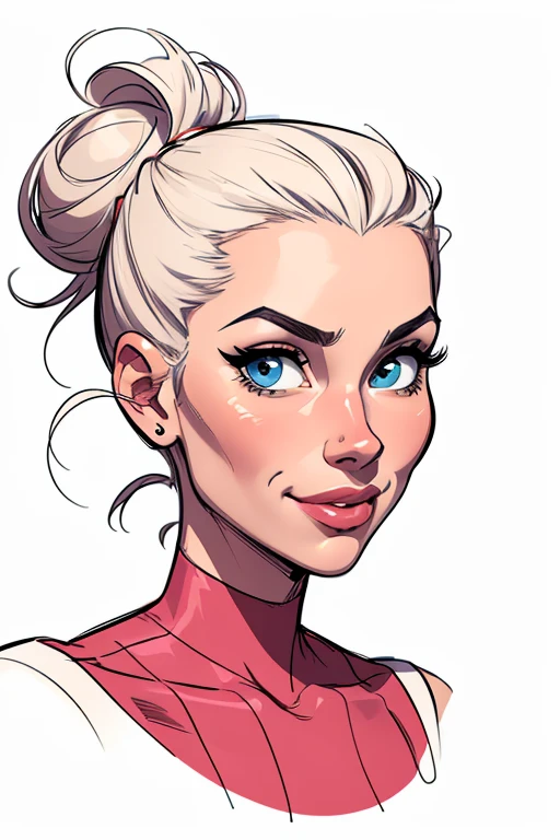 (cartoon style:1.2), Drawings of ([beautiful Woman]), Portrait, Messy bun hair, white background, fun posing, Centered, scale to fit the dimensions