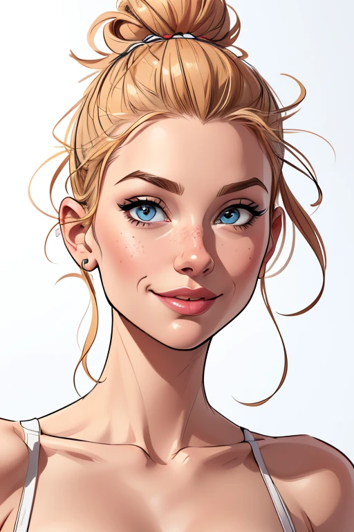 (cartoon style:1.2), Drawings of ([beautiful Woman]), Portrait, Messy bun hair, white background, fun posing, Centered, scale to fit the dimensions