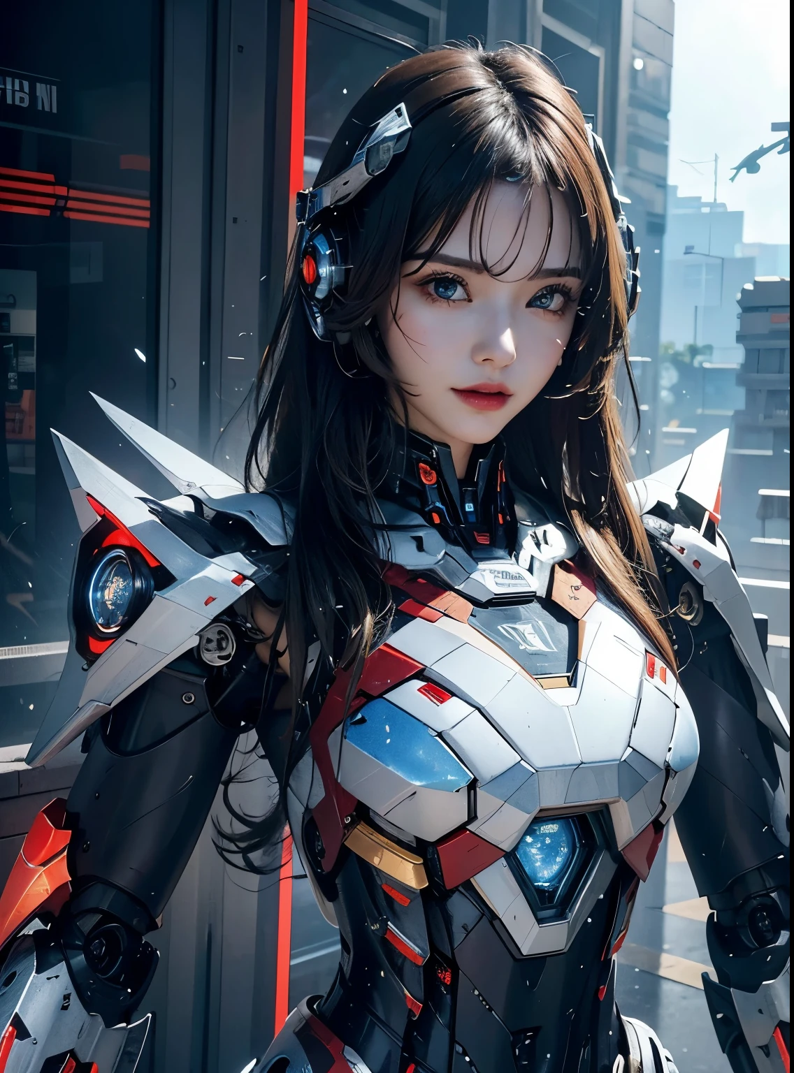 rough skin, Super detailed, advanced details, high quality, better quality, High resolution, 1080P, hard disk, beautiful,(Iron Patriot),beautifulサイボーグの女性,Mecha cyborg ,battle mode, With mechanical body,She wears a futuristic Iron Patriot mech,full body shot