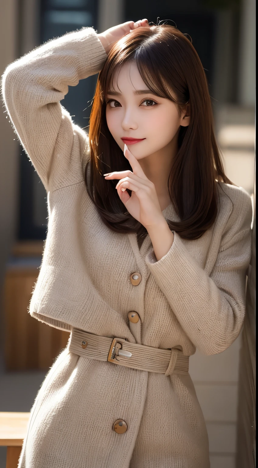 table top, highest quality, shape, Super detailed, finely, High resolution, 8k wallpaper, 完璧なダイナミックな構shape, beautiful and detailed eyes, medium hair, small breasts, natural color lip, random sexy pose,smile,20 year old girl、midnight、beautiful and detailed face、perfect and beautiful face,Big eyes、RAW photo、spread your arms and legs wide、Expressing feminine poses with your whole body、beautiful and detailed eyes、small face、beautiful duplex、slim face and style,luxury brand mink coat(inner:winter dress)、beautiful golden ratio face,blur the background、