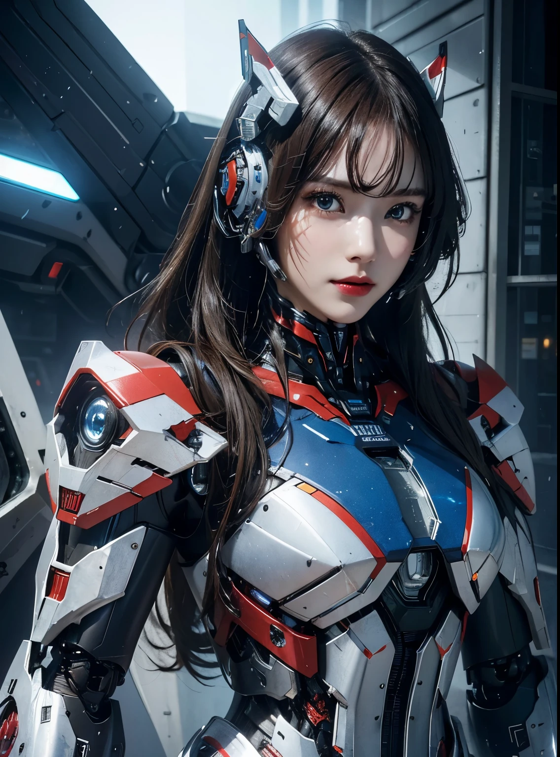 rough skin, Super detailed, advanced details, high quality, better quality, High resolution, 1080P, hard disk, beautiful,(Iron Patriot),beautifulサイボーグの女性,Mecha cyborg ,battle mode, With mechanical body,She wears a futuristic Iron Patriot mech,full body shot