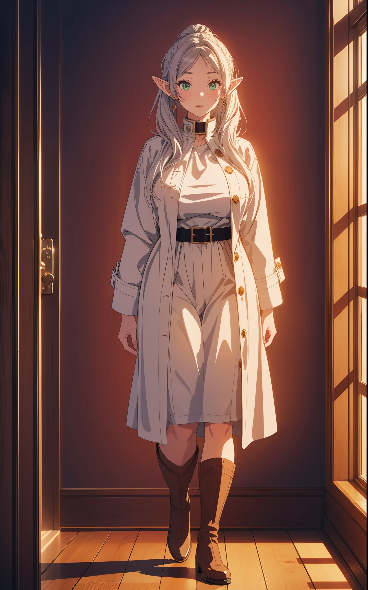 anime female character in white outfit with white coat,
BREAK
, elf, white hair, grey hair, earrings, pointy ears, long hair, ponytail, green eyes, twintails, parted bangs, thick eyebrows, (Beautiful,Huge_Breasts:1.3), milf,
BREAK
, 1girl, solo, Standing in the garden, full body, full figure,
BREAK
, A breathtakingly beautiful garden filled with vibrant flowers, lush green plants, and a crystal-clear pond. The air is filled with the sweet scent of blooming flowers, and rays of golden sunlight gently filter through the leaves, creating a magical atmosphere,
BREAK
, white outfit with white coat, green boots, brown footwear
BREAK
, beautiful detailed eyes, beautiful detailed lips, extremely detailed eyes and face, long eyelashes,
BREAK
, medium: oil painting, atmospheric lighting, dreamy color palette, detailed interior decoration, quiet and peaceful ambiance,
BREAK
, (best quality,4k,8k,highres,masterpiece:1.2), ultra-detailed,