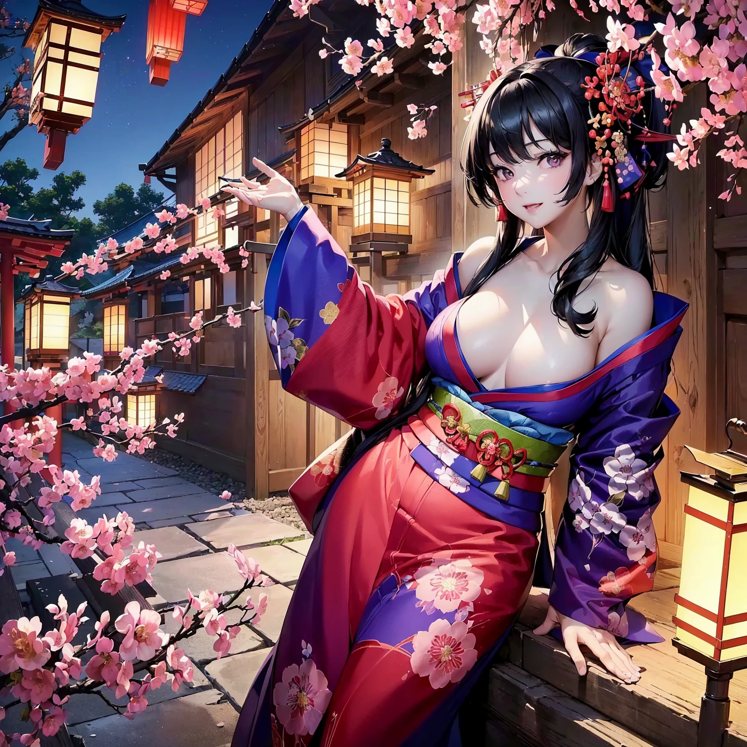 (((highest quality、masterpiece、very high resolution、ultra high resolution))),((A beautiful woman with perfect and ultimate beauty,beautiful body:beautiful face:beautiful skin:beautiful breasts)),(Cute smile,open your mouth,),(beautiful black hair:Japanese hair,best hair quality),(beautiful breasts:F cup,Best skin quality),(((Wearing a beautiful Japanese colorful kimono:red:Purple:black color:pink color:blue,floral kimono))),(front:Posture that shows off your kimono,The wind is blowing:Kimono and hair flowing、Japanese garden:Night cherry blossoms and lanterns、mysterious night sky、beautiful scenery)、(model pose,model shoot:best shot,RAW photo),(Overall image、accurate image、Detailed images、accurate anatomy、Image without defects、natural light、beautiful images、非常にDetailed images、Perfect Image 1.5)、beautiful anime woman、beautiful art style、anime character、