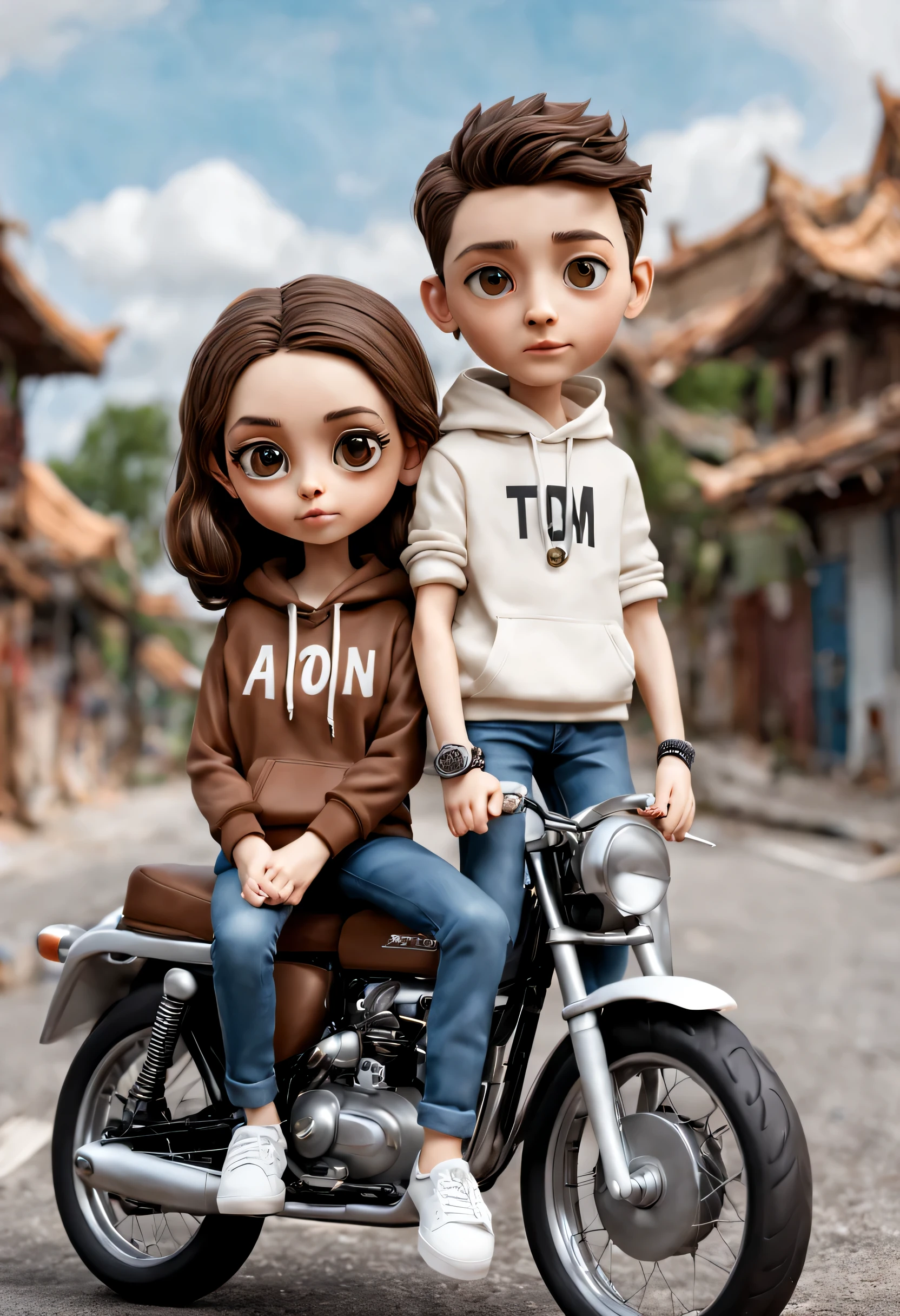 3D caricature of a young couple., Boys and Girls, 10 years old. The boy wore a brown hoodie with Tom's name on the front., black short jeans, clock, white shoes, Handsome and cool skinhead, Chinese. The young woman wore a brown hoodie with the name AON on the front., Black pants, clock, bag, white shoes, Shoulder length wavy hair, clock, bag, beautiful and charming, Big eyes. They are sitting on a motorcycle., Enjoy the beauty of the village streets.