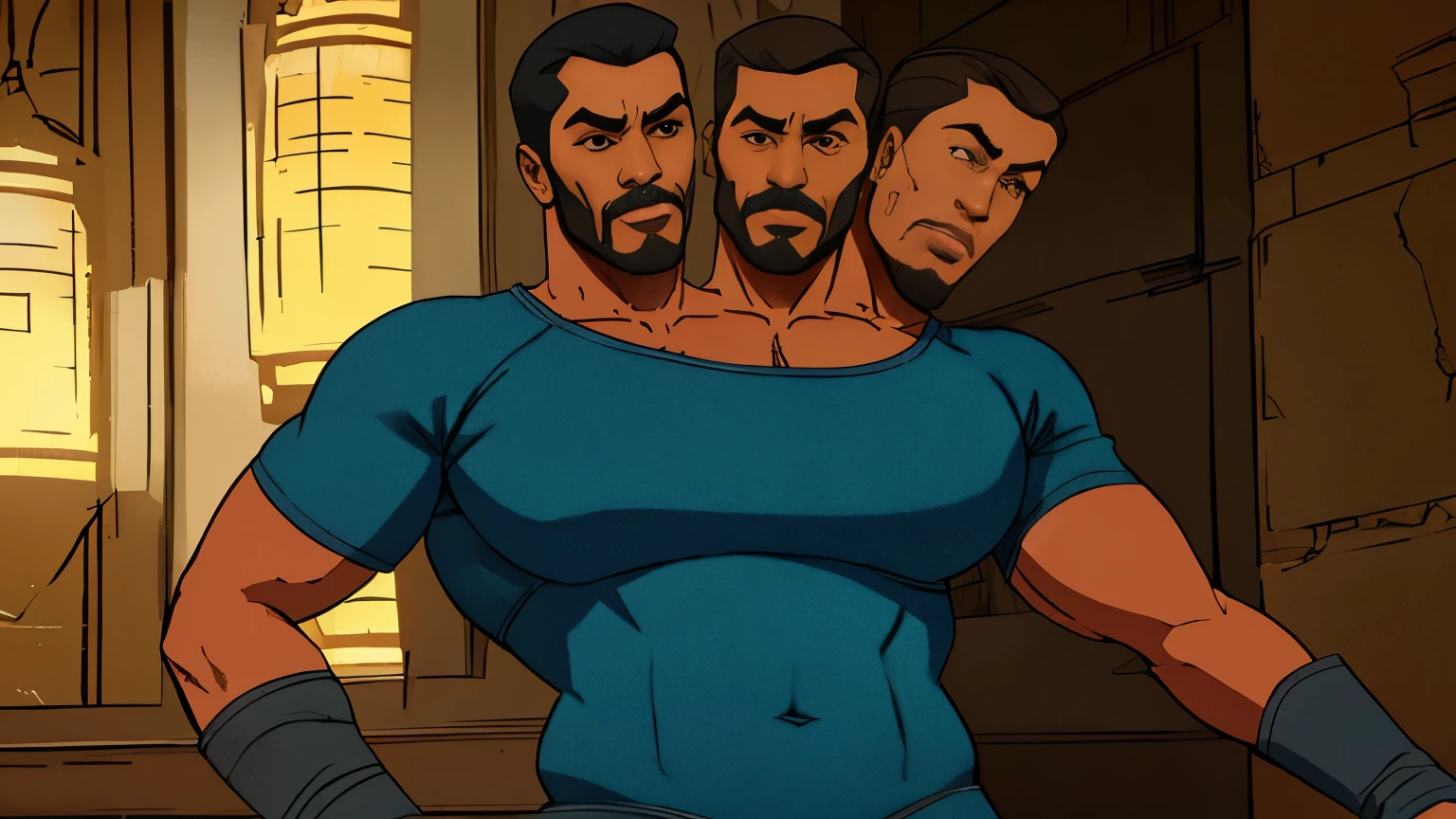 (((2heads))),1man,a man in the style of 1980s gi joe cartoon, black skin, Dominican, facial hair, speedo, body hair, , ((big bulge)), thick lips, dreamy atmosphere, dark amber and red, i can't believe how beautiful this is, serene atmosphere, flickering light, epic realistic, in a dimly lit dungeon, shackles on ankles and arms, illustrated by herg, style of tin tin comics, pen and ink,art by greg rutkowski and artgerm, soft cinematic light,hdr, intricate, highly detailed, (depth of field:1.4), faded, (neutral colors:1.2), (hdr:1.4), (muted colors:1.2), hyperdetailed, (artstation:1.4), cinematic, warm lights, dramatic light, (intricate details:1.1), complex background, (rutkowski:0.66), (teal and orange:0.4), (intricate details:1.12), hdr, (intricate details, hyperdetailed:1.15) (wet skin texture:1.2), (old),conjoined dicephalus