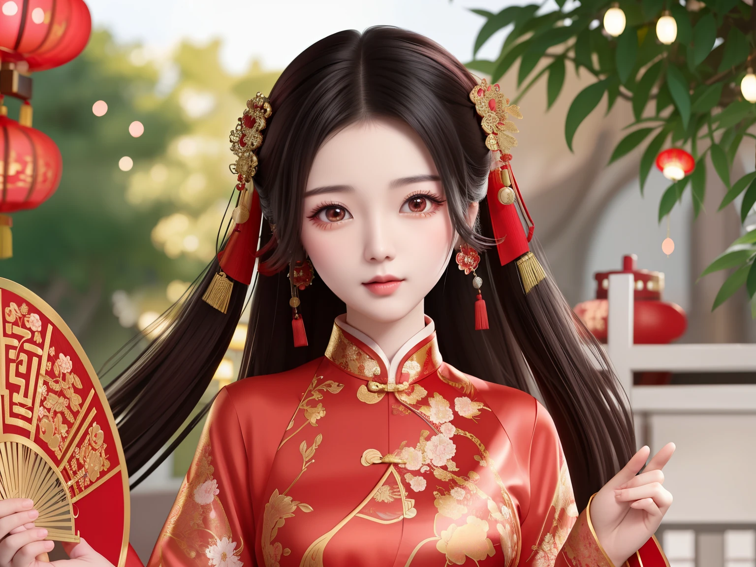 araffe asian woman in red dress holding red fan in front of red lanterns, chinese dress, chinese girl, chinese woman, chinese style, wearing a red cheongsam, chinese costume, traditional chinese, traditional chinese clothing, cheongsam, vietnamese woman, ao dai, an asian woman, with acient chinese clothes, beautiful oriental woman, asian woman