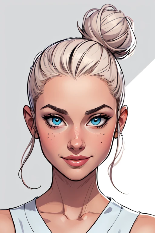 (cartoon style:1.2), Drawings of ([beautiful Woman]), Portrait, Messy bun hair, white background, fun posing, Centered, scale to fit the dimensions