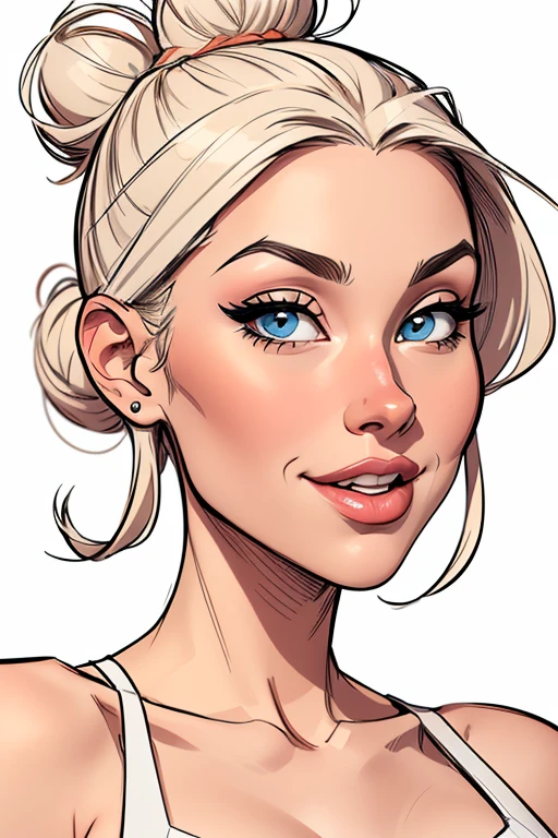 (cartoon style:1.2), Drawings of ([beautiful Woman]), Portrait, Messy bun hair, white background, fun posing, Centered, scale to fit the dimensions
