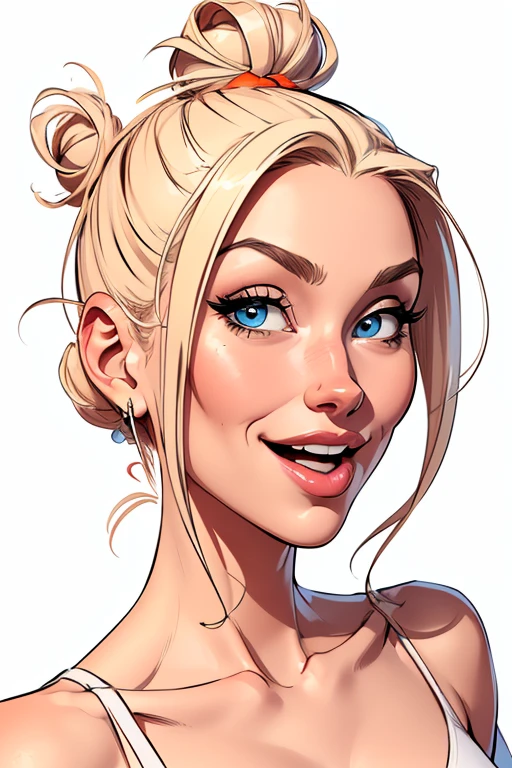 (cartoon style:1.2), Drawings of ([beautiful Woman]), Portrait, Messy bun hair, white background, fun posing, Centered, scale to fit the dimensions