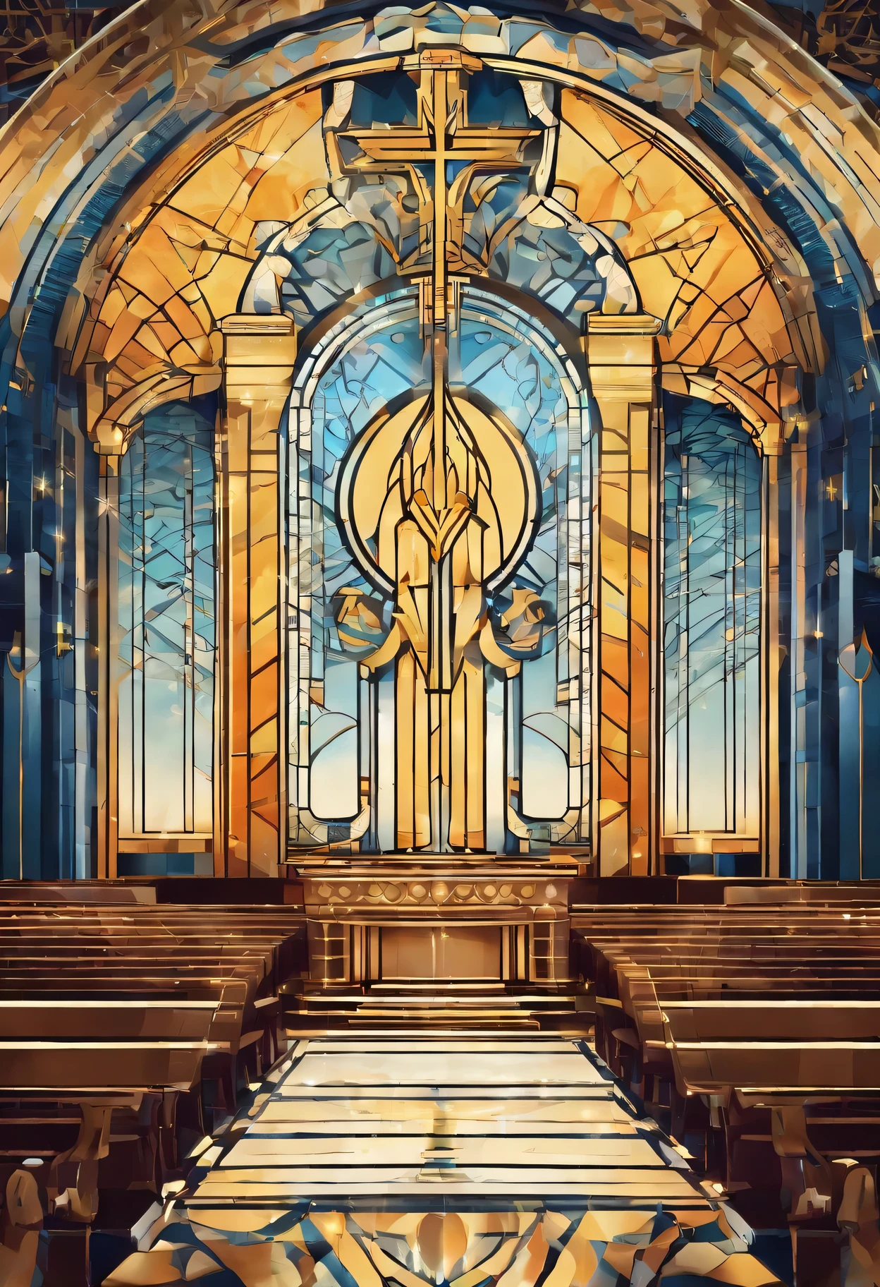 ((highest quality, Highest image quality, masterpiece, 8K)), Art deco church illuminated by the morning sun, Bird's perspective,