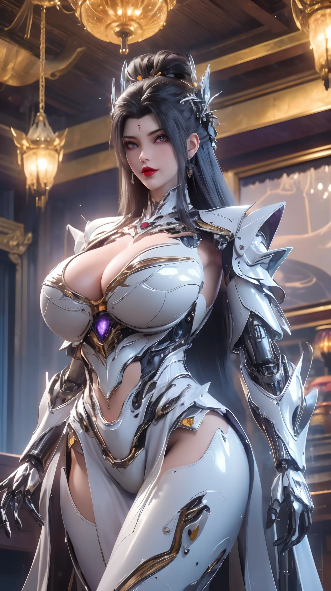 UPPER BODY,CLOSE UP HALF BODY,SOLO,(BEAUTY BLACK COLOR HAIR,GOLDEN DRAGON HORN:1), (HUGE OPPAI,BUSTY MILF,CLEAVAGE,MUSCLE ABS,NSFW:1.5), ((WEARING OUTFIT PURPLE,WHITE SHINY MODERN MECHA FUTURISTIC SKIMPY BIKINI ARMOR,ROBOT MECHA ARMOR:1.5)),(CURVY VOLUPTUOUS BODY MATURE WOMAN:1.5), (SWEATY GLOSSY BODYSKIN:1.5), (LOOKING AT VIEWER:1.6),(HALLROOM OF FUTURISTIC SPACE STATION:1), (PHOTOREALSITIC:1.4), (ULTRA-DETAILLIERT), (TOP-QUALITY), (BEST SHADOWS), (MASTERPIECE), BRIGHT LIGHT IN ROOM, HYPER TEXTURE, (4X MSAA), ((UNREAL ENGINE 5 RENDER)), PHYSICALLY-BASED RENDERING, ULTRA HIGHT DEFINITION, 16K, 1080P.