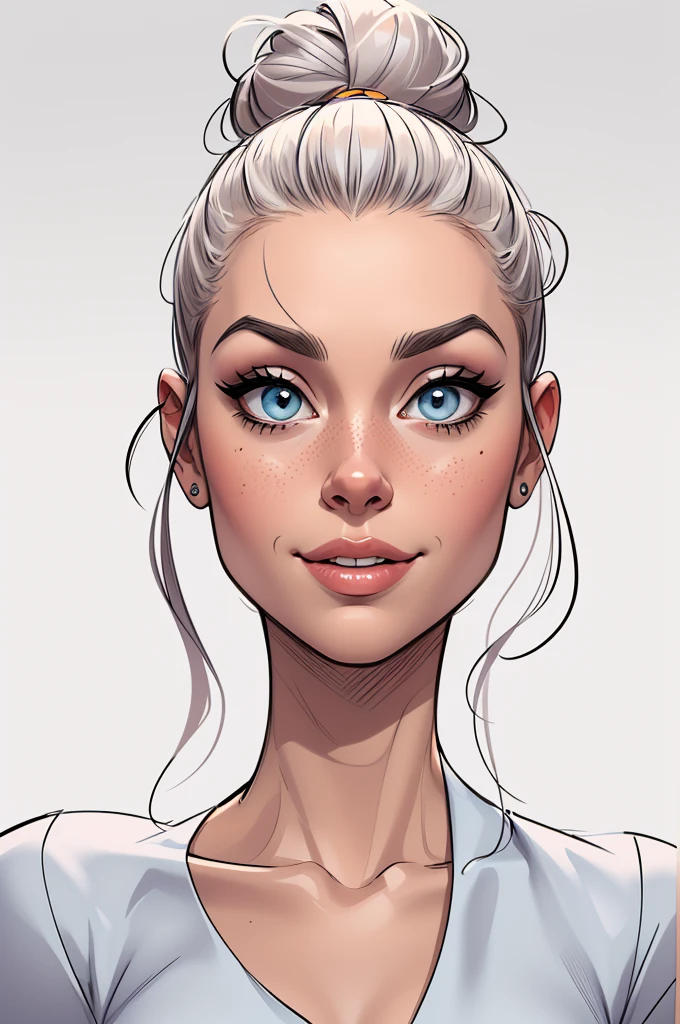 (cartoon style:1.2), Drawings of ([beautiful Woman]), Portrait, Messy bun hair, white background, fun posing, Centered, scale to fit the dimensions