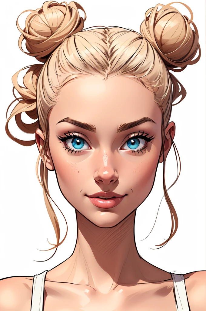 (cartoon style:1.2), Drawings of ([beautiful Woman]), Portrait, Messy bun hair, white background, fun posing, Centered, scale to fit the dimensions