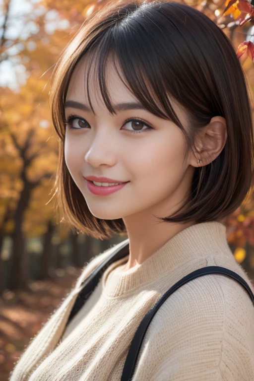 (best quality,8k,highres,masterpiece:1.2),illustration,ultra-detailed,finely detailed elements,a beautiful girl with detailed eyes, natural lips, short hair, wearing autumn attire, smiling, set against a backdrop of autumn scenery in Japan