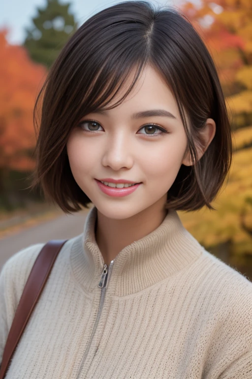 (best quality,8k,highres,masterpiece:1.2),illustration,ultra-detailed,finely detailed elements,a beautiful girl with detailed eyes, natural lips, short hair, wearing autumn attire, smiling, set against a backdrop of autumn scenery in Japan