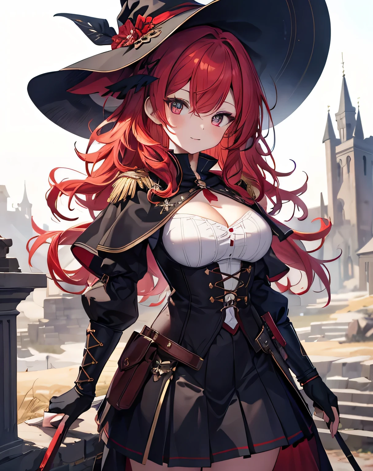 highest quality, masterpiece, look up, Upper body, dynamic composition、bold pose、Upper body、line drawing with dark colors and details、fantasy art、japanese woman、dark world、20-year-old、Almost naked、Big brimmed hat、A woman with rabbit ears somewhere in the world、upright black rabbit ears、beautiful features、mysterious smile、Curly black hair with red streaks that fall over both ears and cheeks、red eyes、big eyes、droopy eyes、brown skin、fight with a giant scythe、Standing in a castle where monsters live