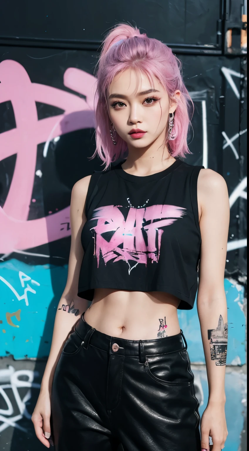 Realistic skin, best quality, Clarity, 4k, 8k, detail, actual, tattoed Girl, Korean makeup, black lips, pink and blue medium mullet hair, Perfect six pack body, stand, pose standing, medium chest, dark shirt top, black buggy Pants, Solid graffiti wall background, Graffiti art,